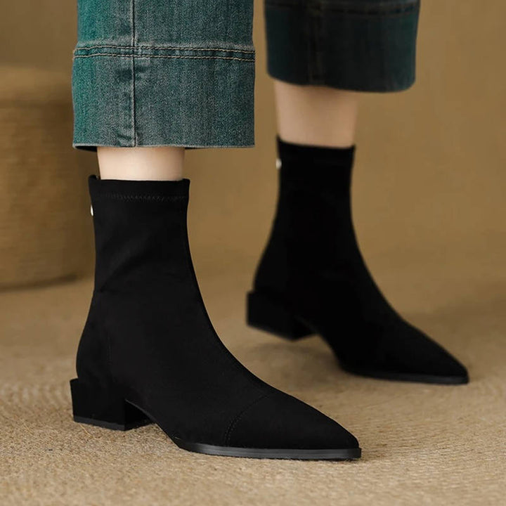 Women's Pointed Toe Suede Stretch Block Heel Ankle Boots