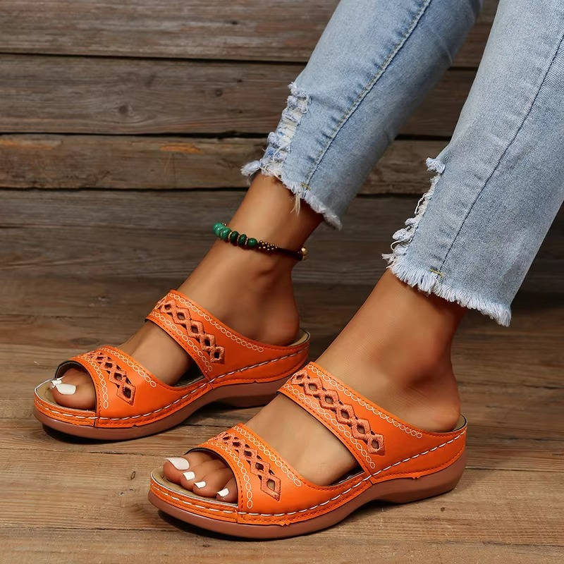 Women's Leather Wedge Slide Sandals