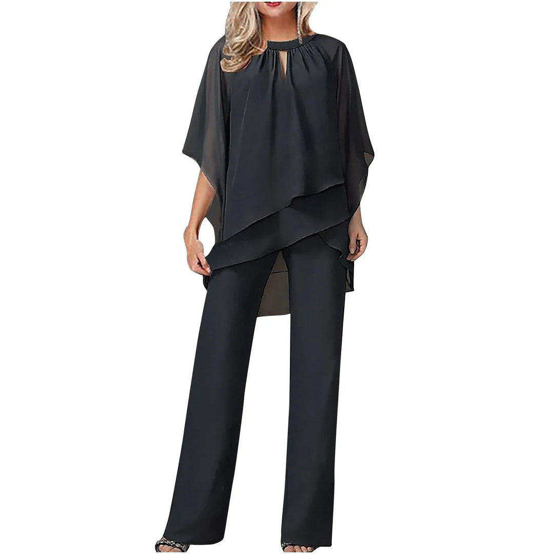 Women's Chiffon Two Piece Set Poncho Top Trousers Outfits