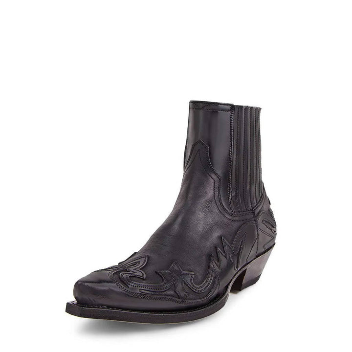 Dámské kožené westernové kotníkové boty s kovbojským špičatým podpatkem
