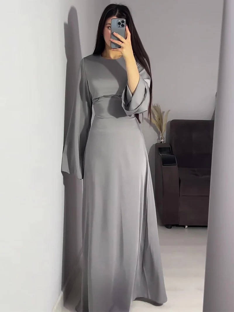 Women's Long Sleeve Satin Maxi Formal Evening Gown Dress