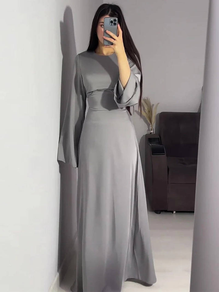 Women's Long Sleeve Satin Maxi Formal Evening Gown Dress