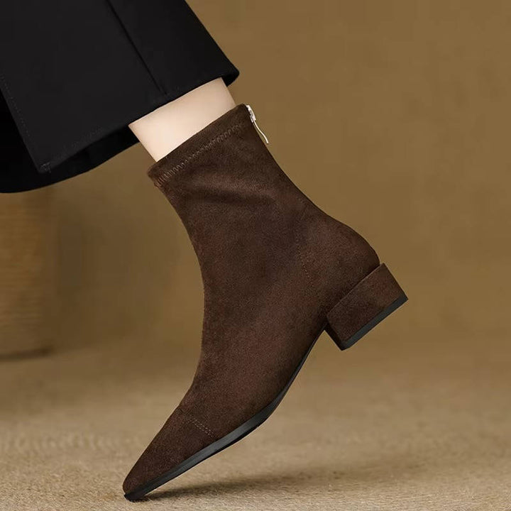 Women's Pointed Toe Suede Stretch Block Heel Ankle Boots