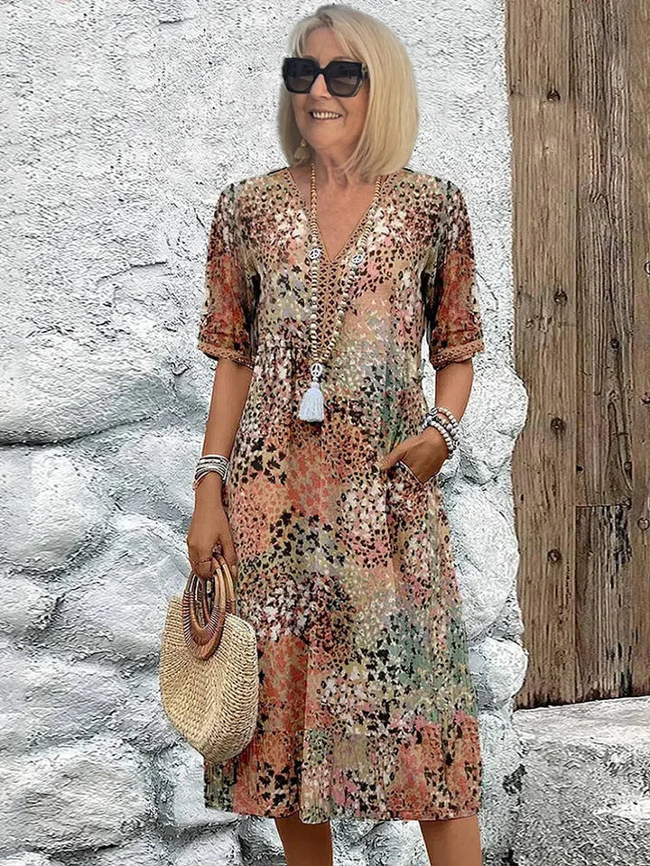 Women’s Printed Linen V-Neck Midi Dress