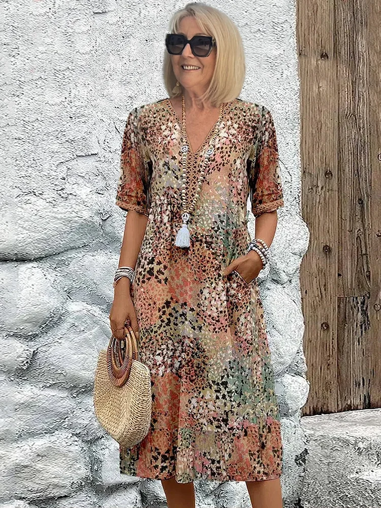 Cotton Knee-Length Dress Summer Elegant Floral Pattern V-Neck Shift Sun Dress