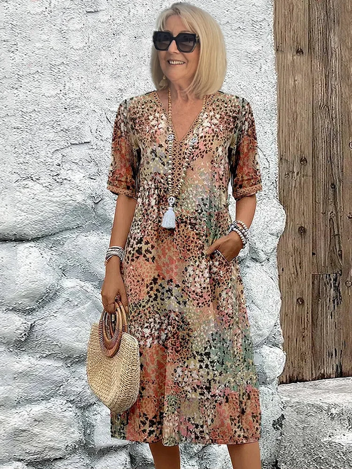 Cotton Knee-Length Dress Summer Elegant Floral Pattern V-Neck Shift Sun Dress