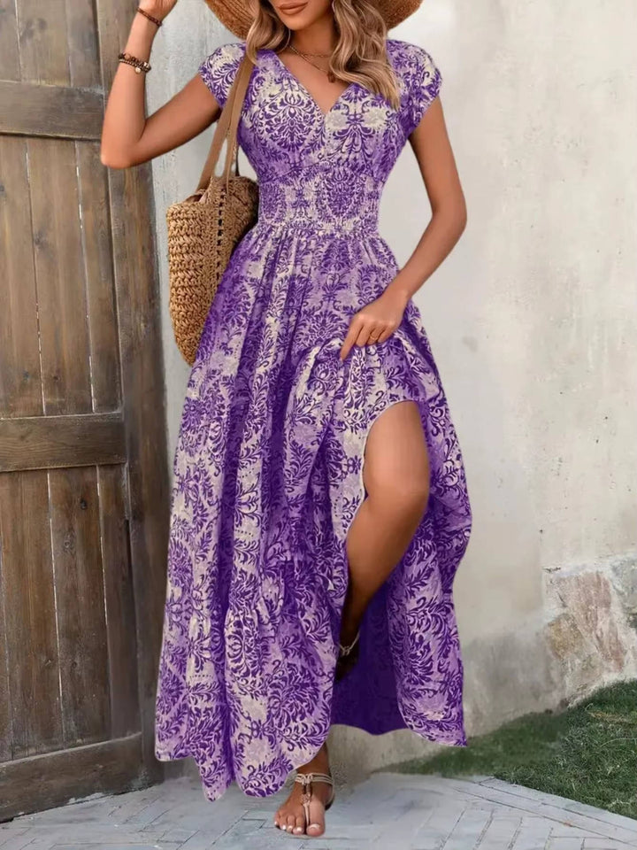 Robe longue imprimée pour femme en rayonne, à manches courtes, col en V, smockée et à volants étagés