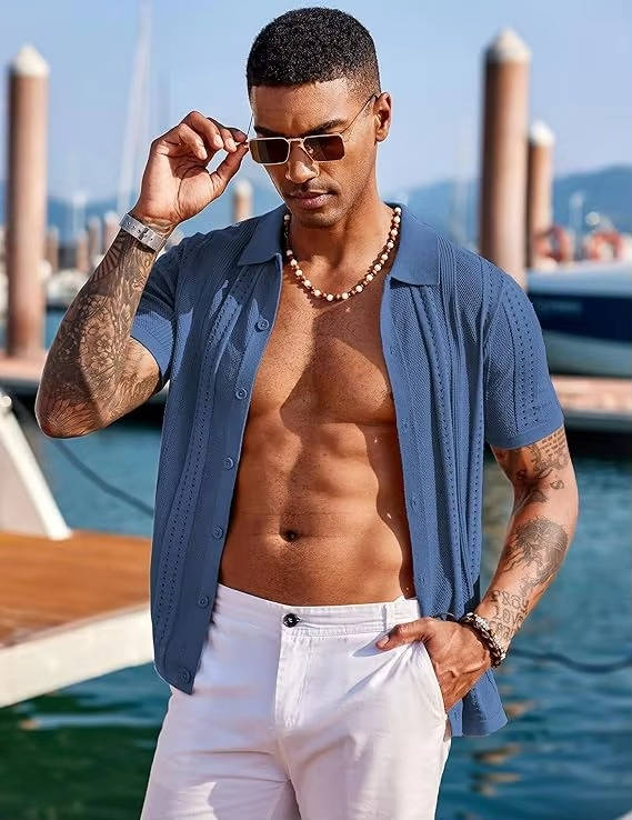 Men's Knit Short Sleeve Polo Shirt Textured Collared Button Up