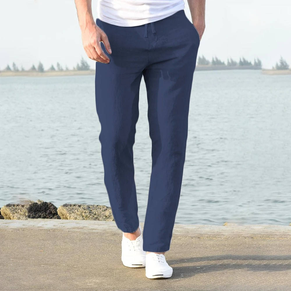 Men's Linen Drawstring Trousers Casual Elastic Waist Pants