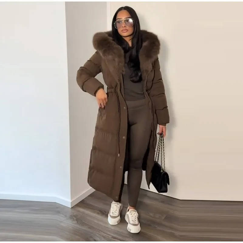 Women's Long Puffer Coat Faux Fur Hood Warm Down Jacket
