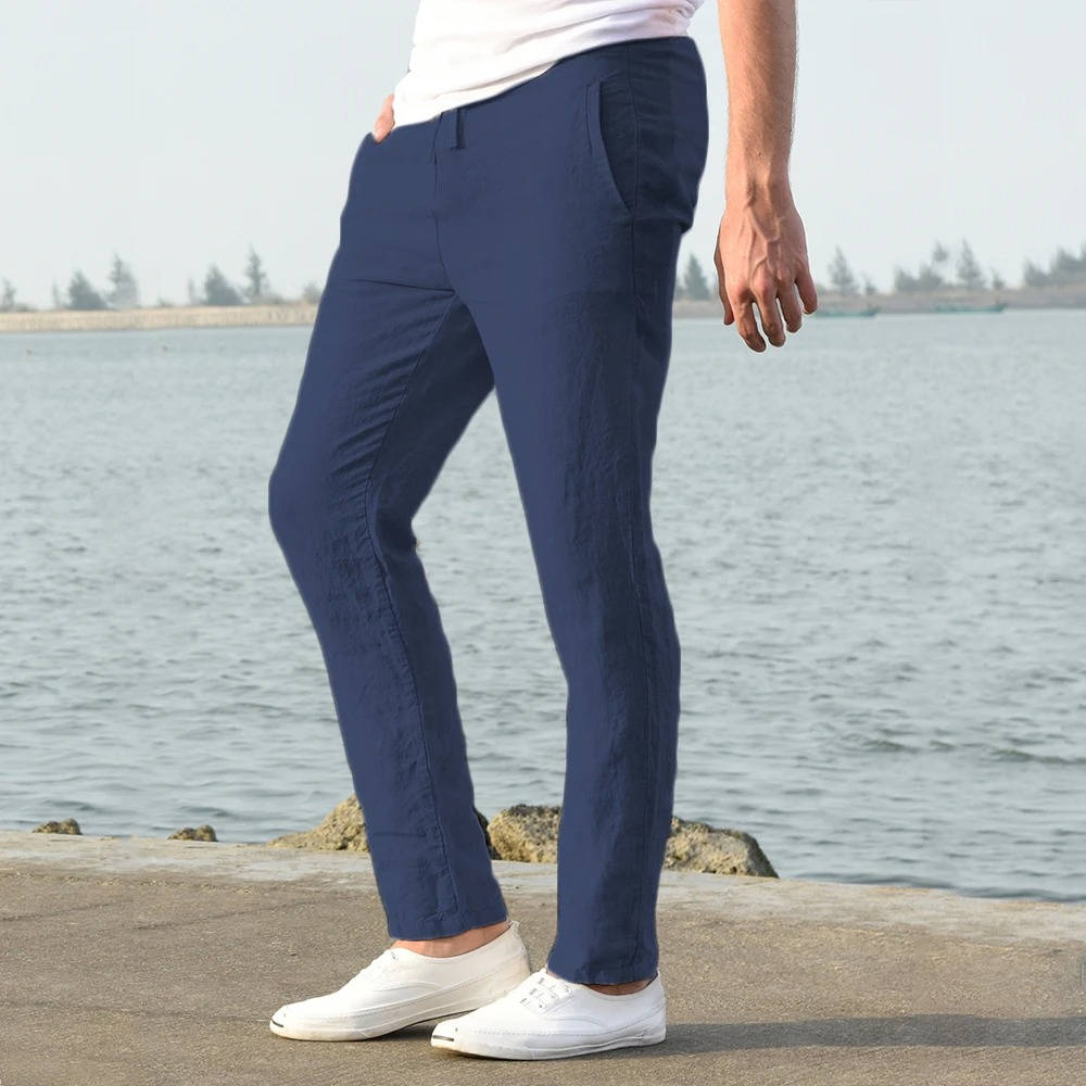 Men's Linen Drawstring Trousers Casual Elastic Waist Pants