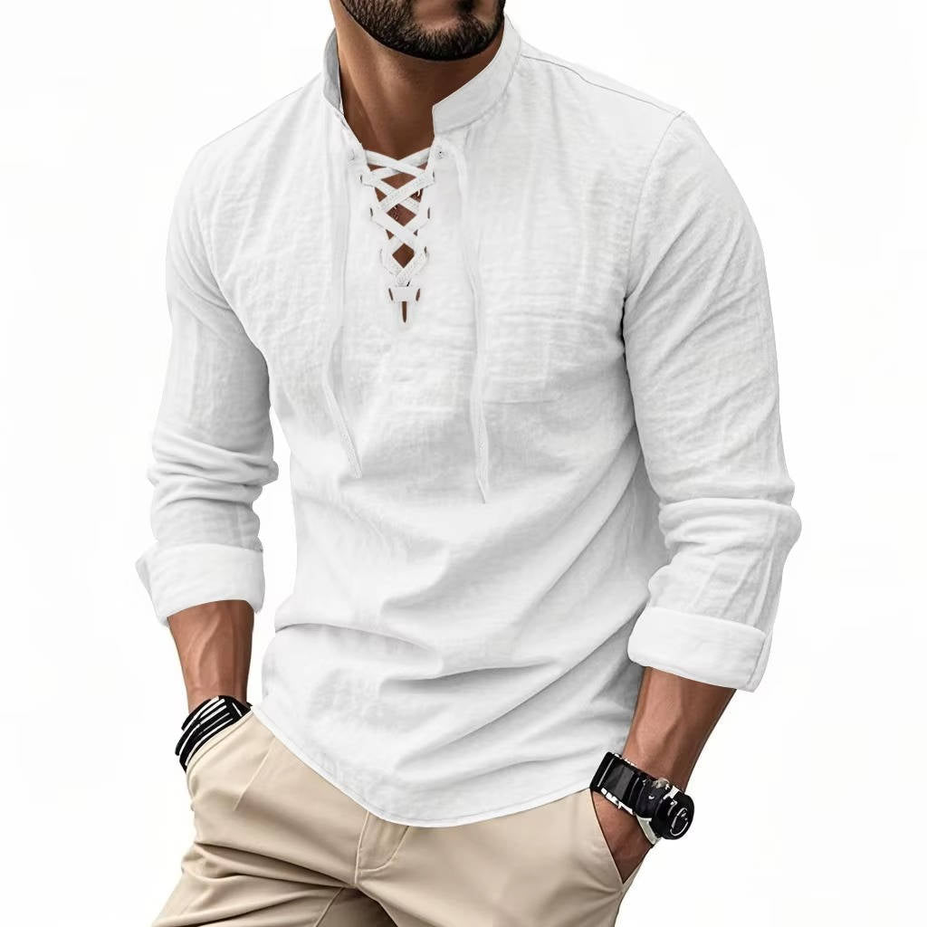 Chemise décontractée pour homme en lin à manches longues, haut respirant