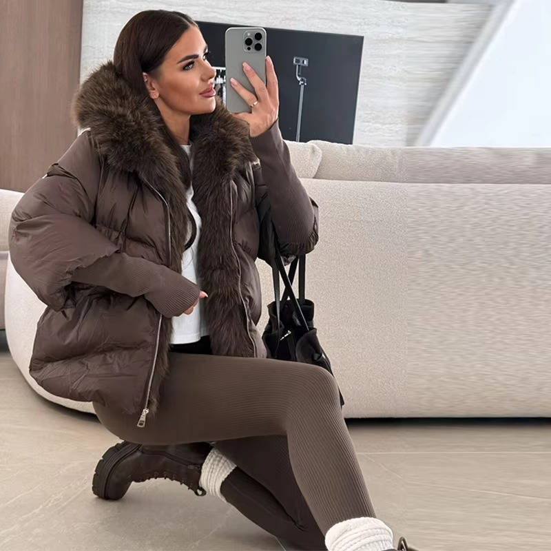 Women's Long Puffer Coat Faux Fur Hood Warm Down Jacket