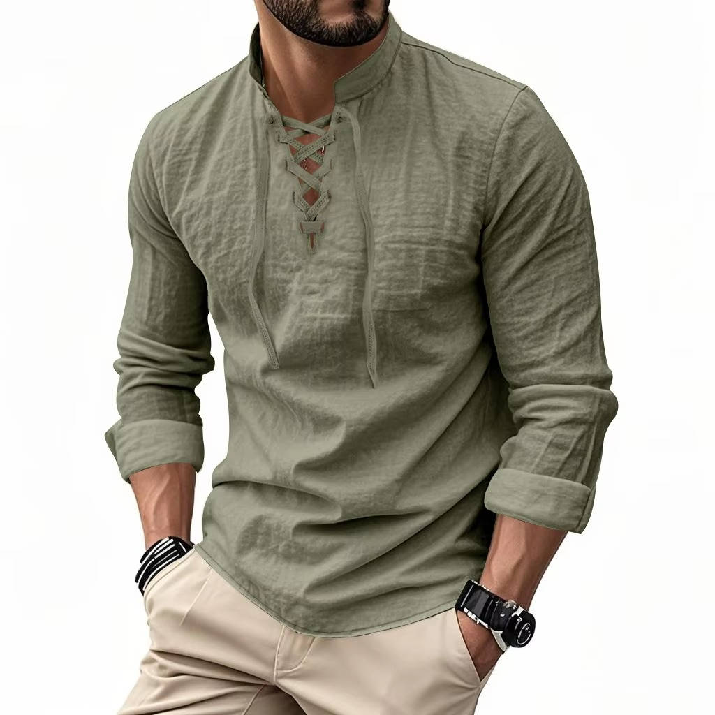 Chemise décontractée pour homme en lin à manches longues, haut respirant