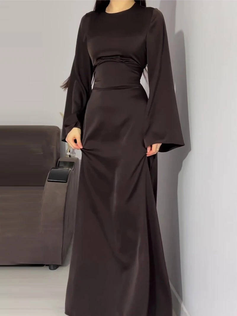 Women's Long Sleeve Satin Maxi Formal Evening Gown Dress