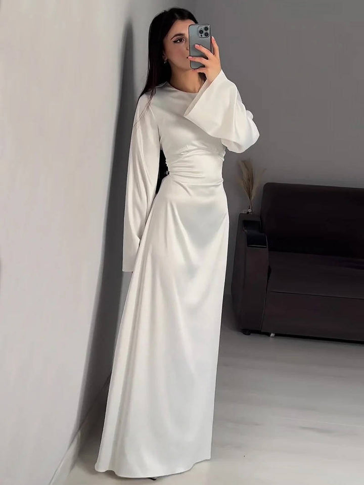 Women's Long Sleeve Satin Maxi Formal Evening Gown Dress