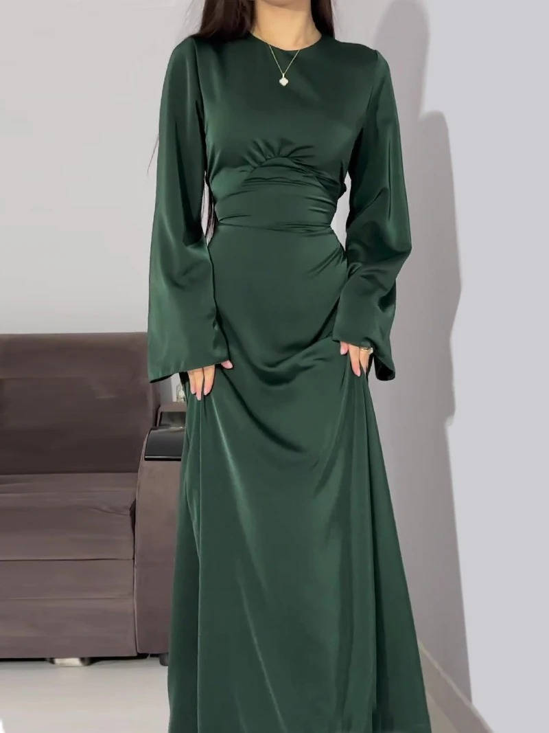 Women's Long Sleeve Satin Maxi Formal Evening Gown Dress
