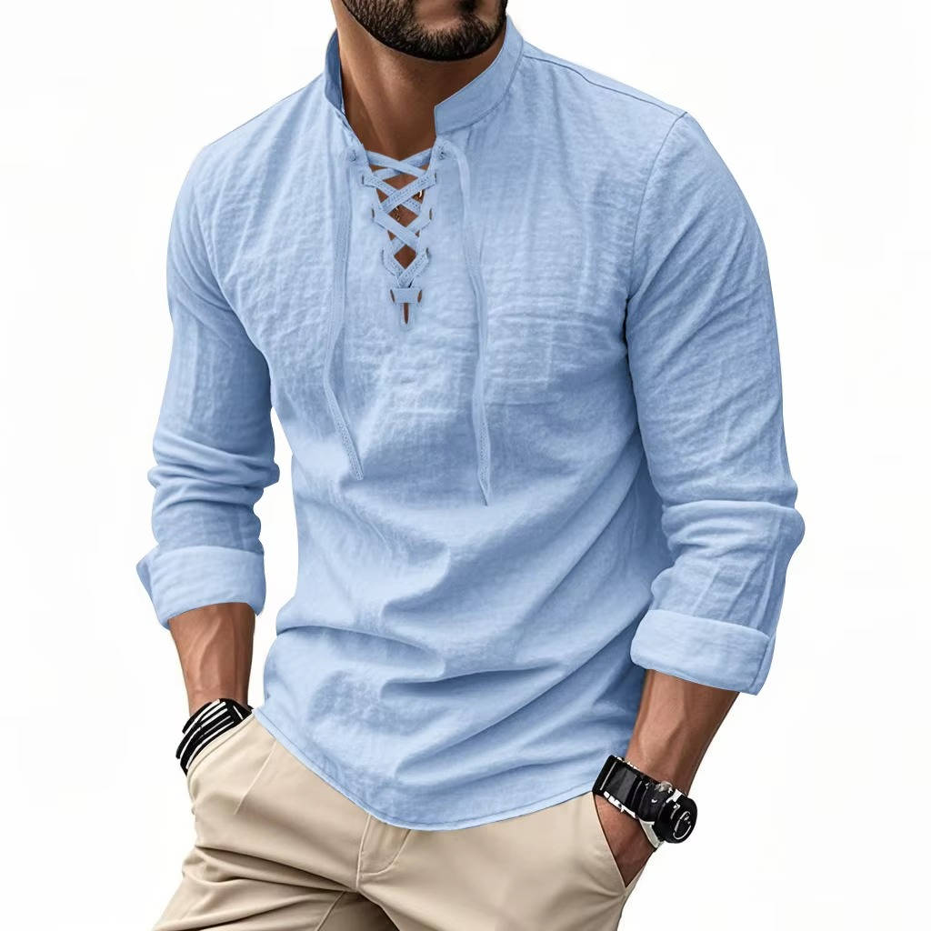 Chemise décontractée pour homme en lin à manches longues, haut respirant