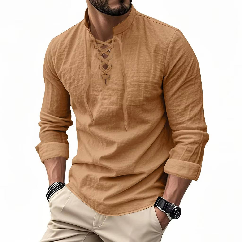 Chemise décontractée pour homme en lin à manches longues, haut respirant