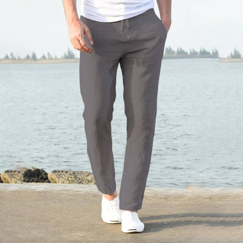 Men's Linen Drawstring Trousers Casual Elastic Waist Pants