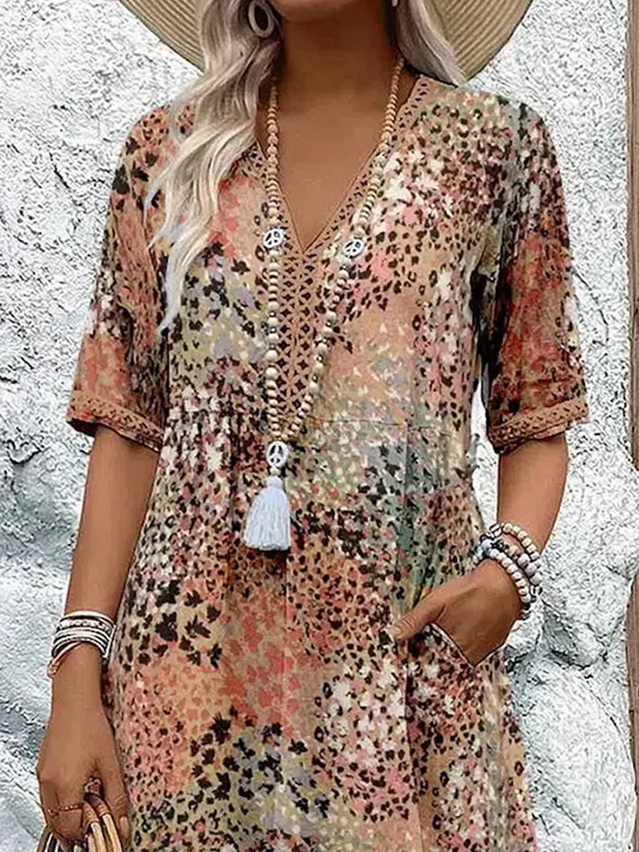 Women’s Printed Linen V-Neck Midi Dress