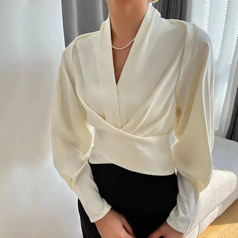 Blouse femme en satin, cache-cœur, col en V et manches longues