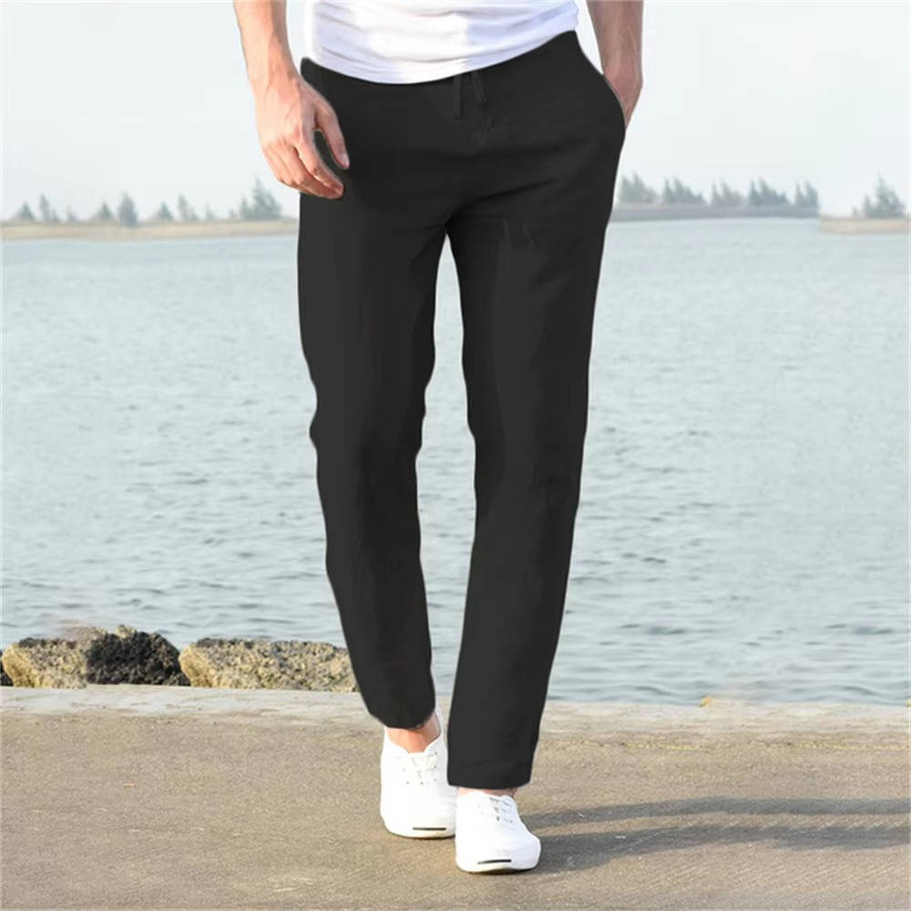 Men's Linen Drawstring Trousers Casual Elastic Waist Pants