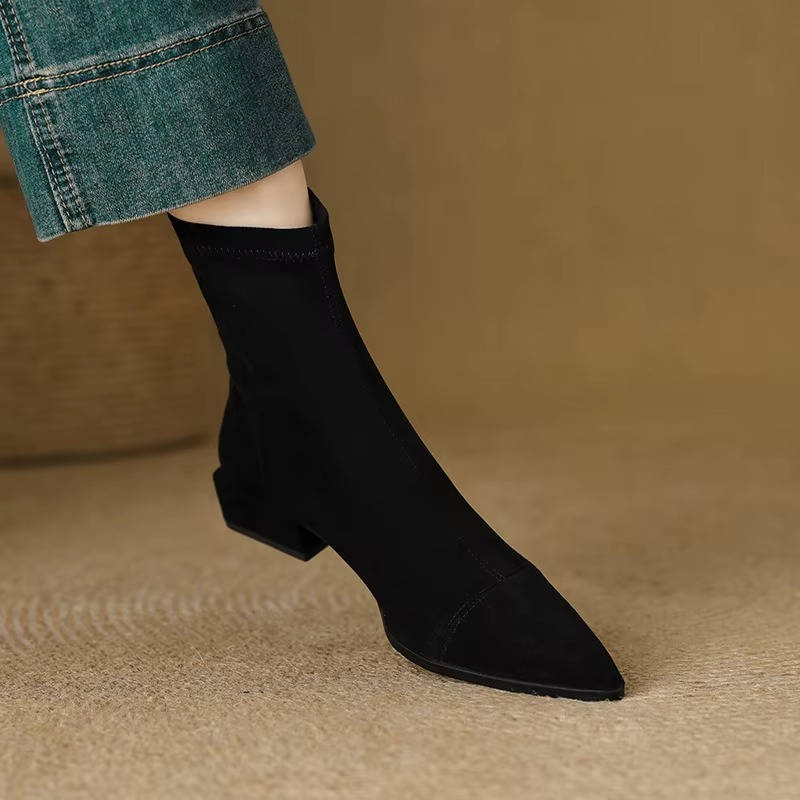 Women's Pointed Toe Suede Stretch Block Heel Ankle Boots