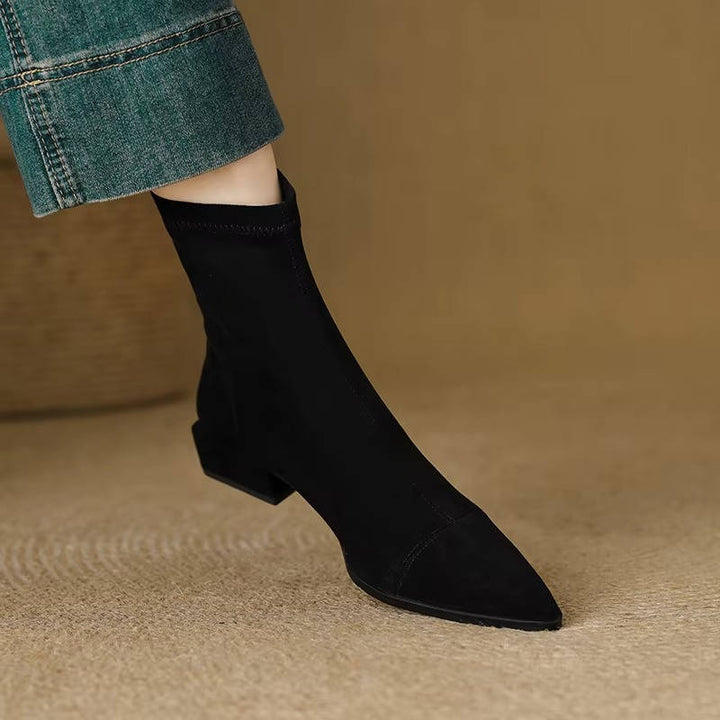 Women's Pointed Toe Suede Stretch Block Heel Ankle Boots