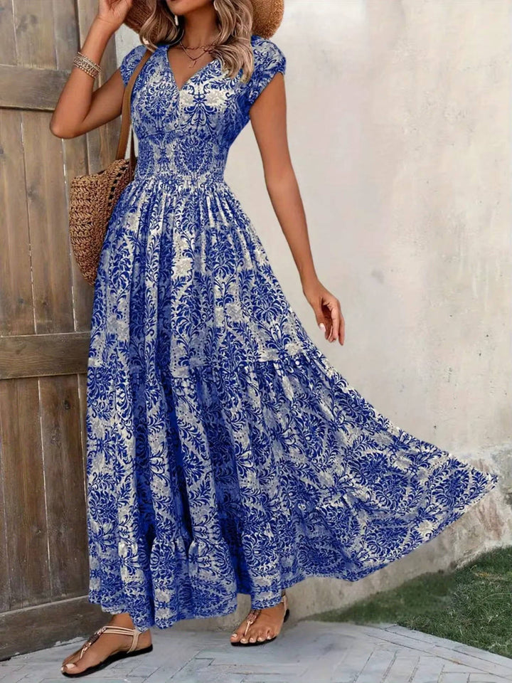 Robe longue imprimée pour femme en rayonne, à manches courtes, col en V, smockée et à volants étagés