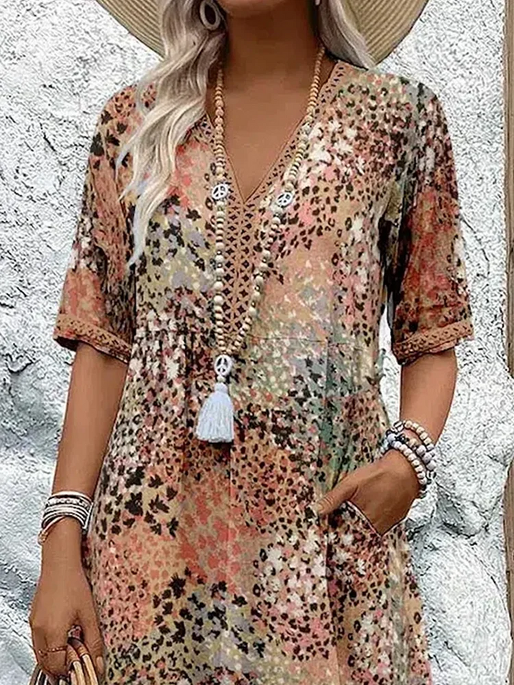 Cotton Knee-Length Dress Summer Elegant Floral Pattern V-Neck Shift Sun Dress