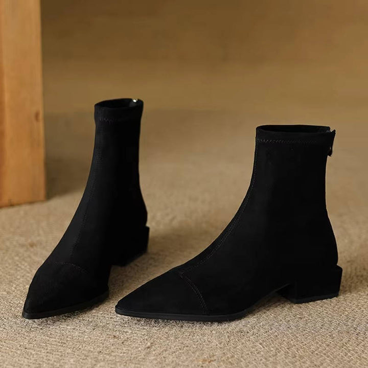 Women's Pointed Toe Suede Stretch Block Heel Ankle Boots