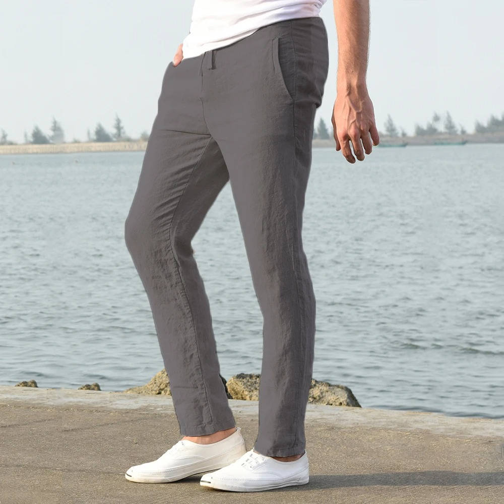 Men's Linen Drawstring Trousers Casual Elastic Waist Pants