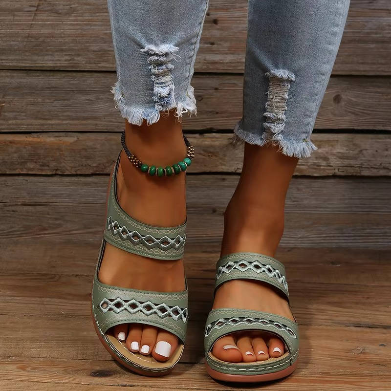 Women's Leather Wedge Slide Sandals