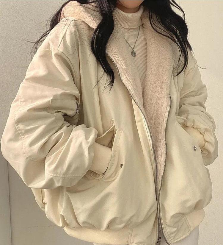 Fleece Hooded Jacket Women's Oversized Bomber