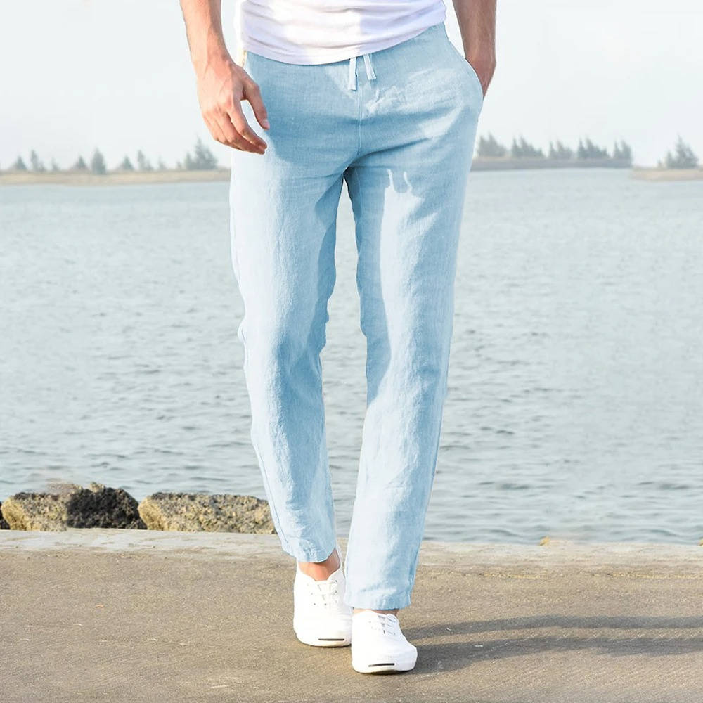 Men's Linen Drawstring Trousers Casual Elastic Waist Pants