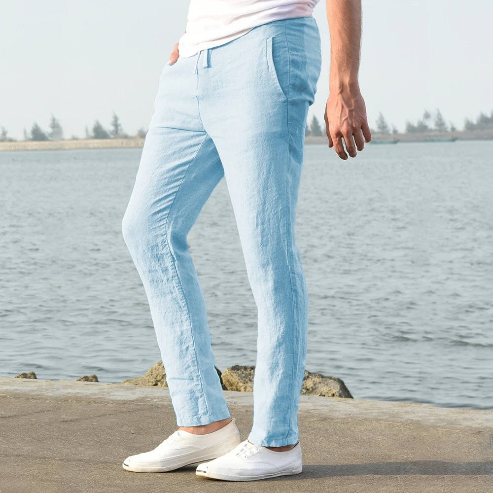 Men's Linen Drawstring Trousers Casual Elastic Waist Pants