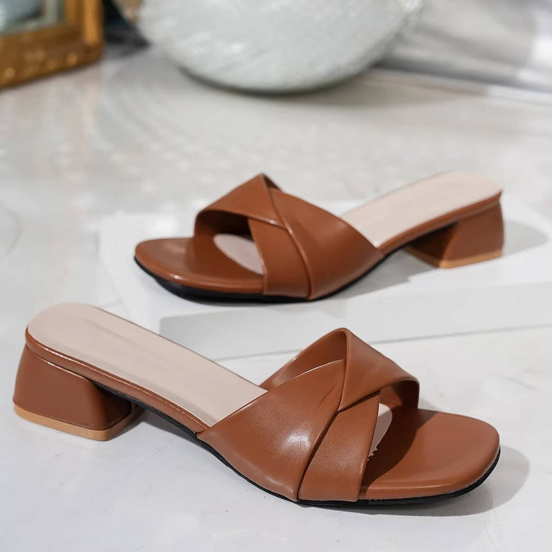 Mules-sandales pour femmes en cuir à talon bloc bas, à enfiler