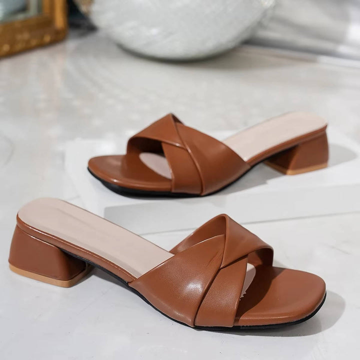 Mules-sandales pour femmes en cuir à talon bloc bas, à enfiler