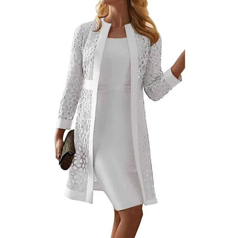 Women's Satin Sheath Dress and Lace Long Jacket Two Piece Set