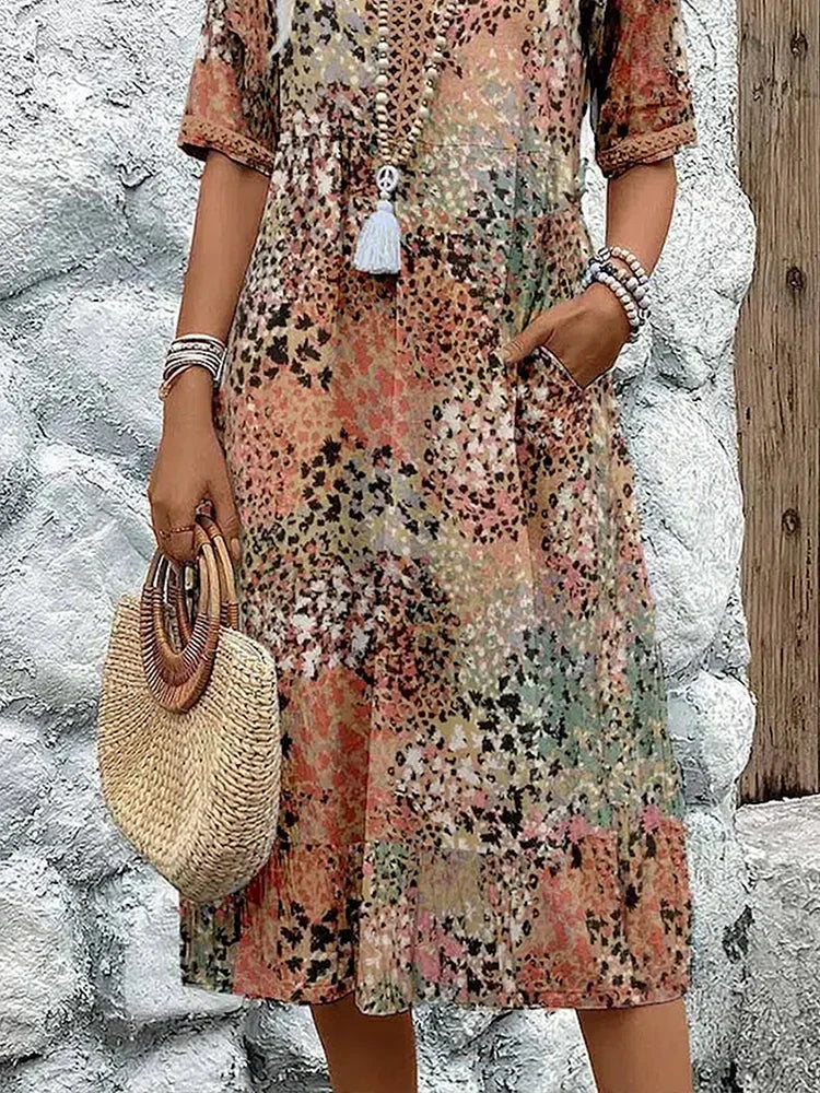 Women’s Printed Linen V-Neck Midi Dress