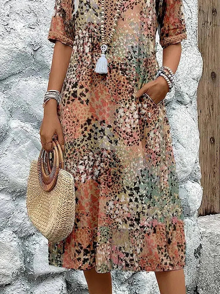 Women’s Printed Linen V-Neck Midi Dress