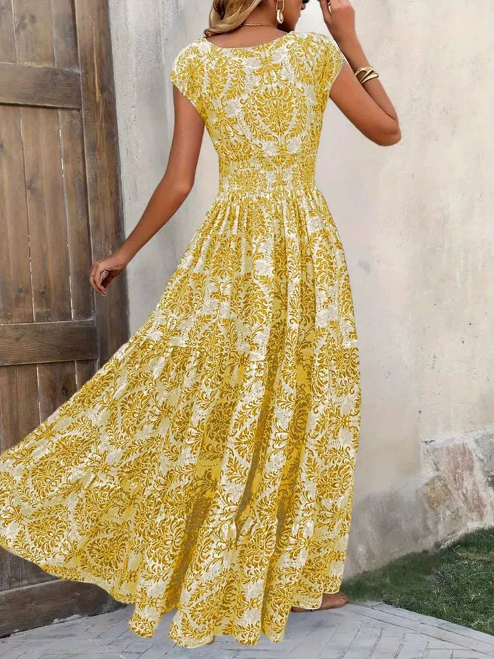 Robe longue imprimée pour femme en rayonne, à manches courtes, col en V, smockée et à volants étagés