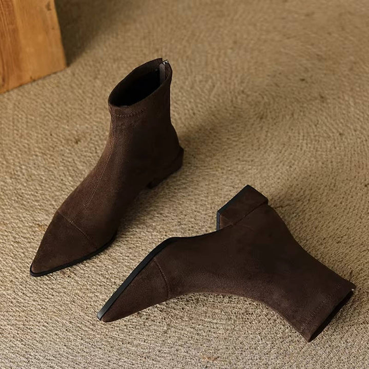 Women's Pointed Toe Suede Stretch Block Heel Ankle Boots