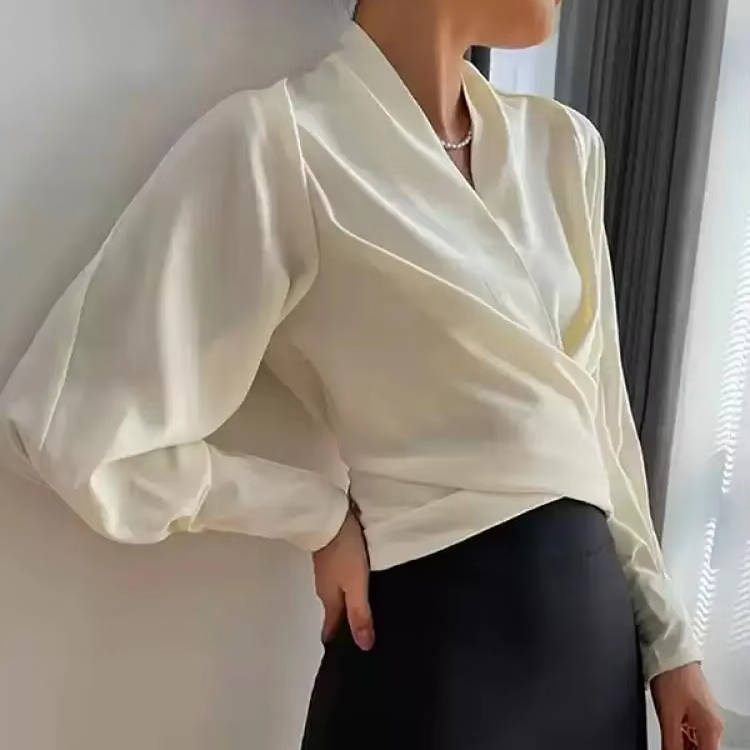 Blouse femme en satin, cache-cœur, col en V et manches longues