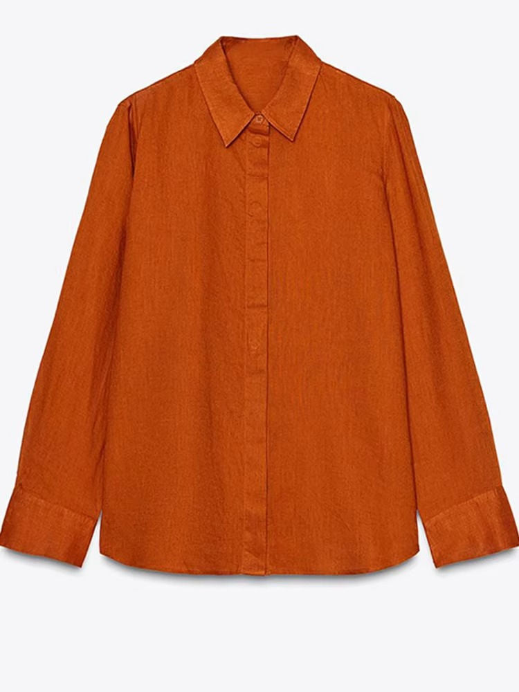 Ensemble deux pièces pour femme composé d’une chemise en lin à manches longues et d’un pantalon