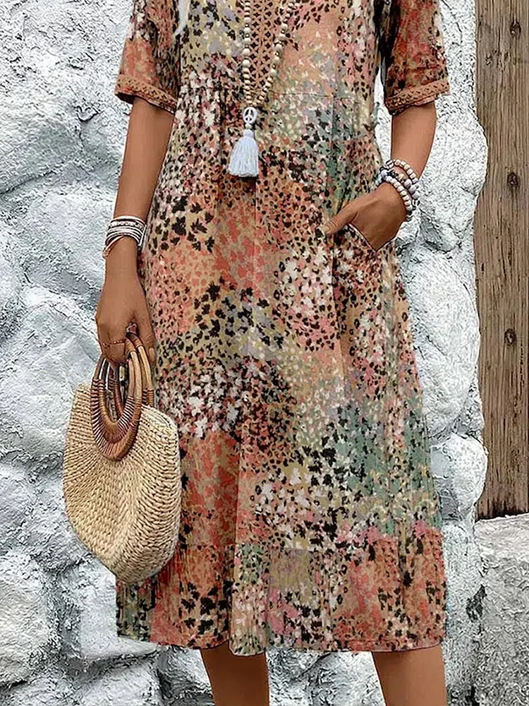 Cotton Knee-Length Dress Summer Elegant Floral Pattern V-Neck Shift Sun Dress