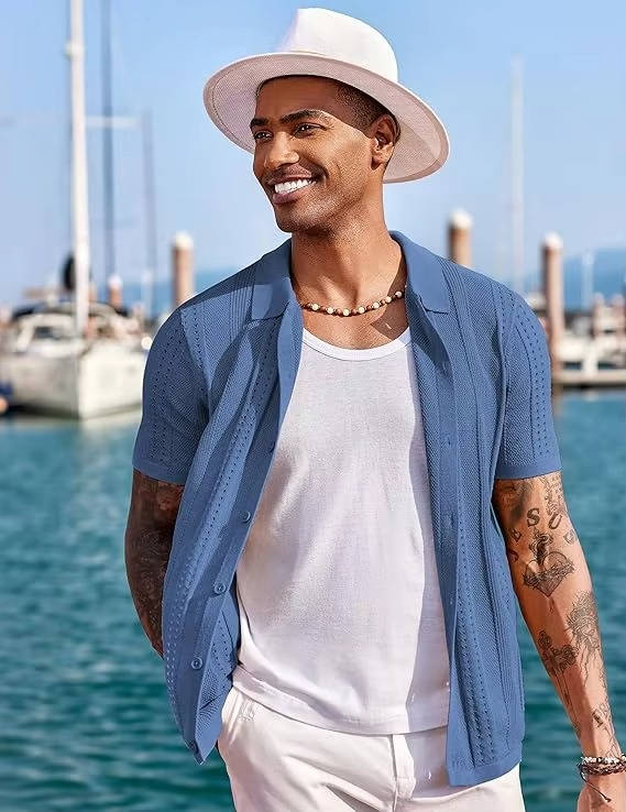 Men's Knit Short Sleeve Polo Shirt Textured Collared Button Up