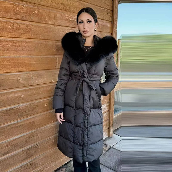 Women's Long Puffer Coat Faux Fur Hood Warm Down Jacket