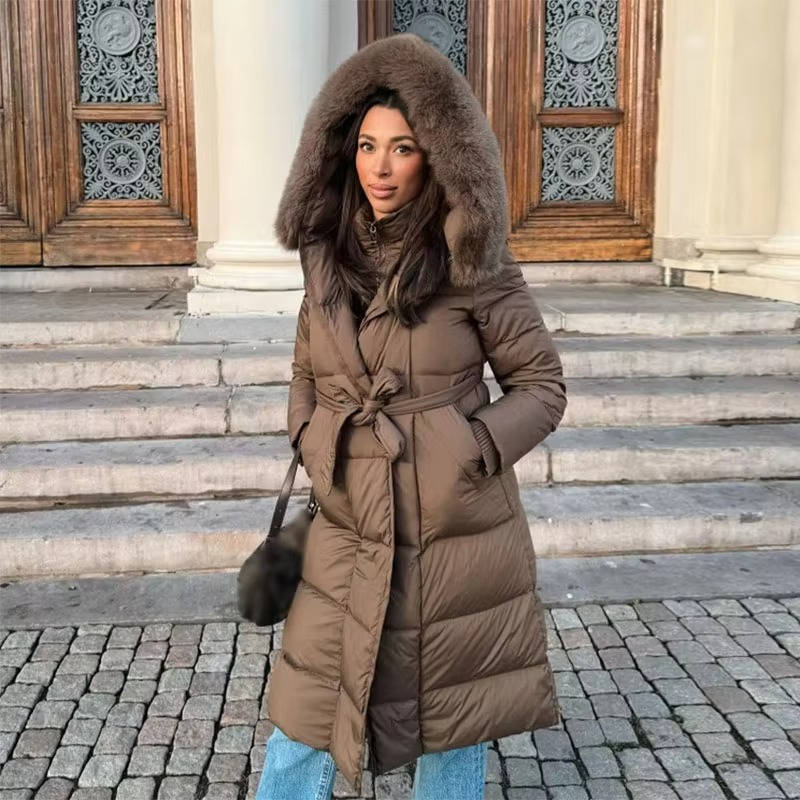 Women's Long Puffer Coat Faux Fur Hood Warm Down Jacket